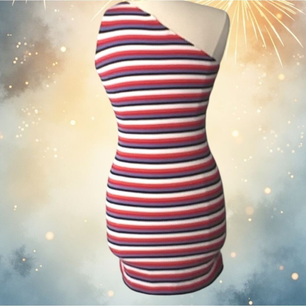 Zara Dress One Shoulder Mini Striped Stretchy Ribbed Body Con Summer Par… - Picture 3 of 16